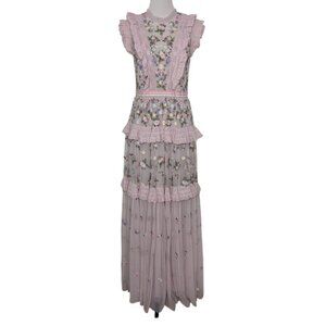 Needle & Thread Prism Ditsy Sleeveless Gown Womens Size 6 Pink Ruffle Maxi Dress